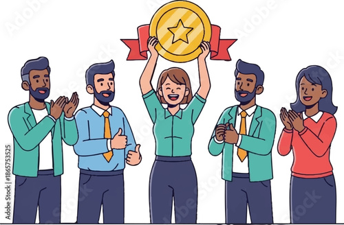 Diverse team celebrates achievement, a woman holds a golden medal aloft