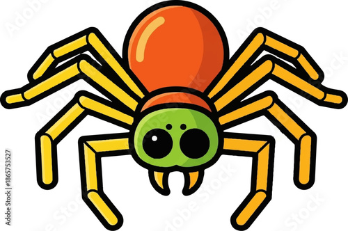A cartoon spider with an orange body and green head