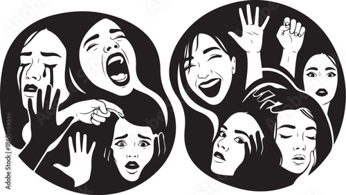 Illustration of Women Expressing Emotions in Black and White