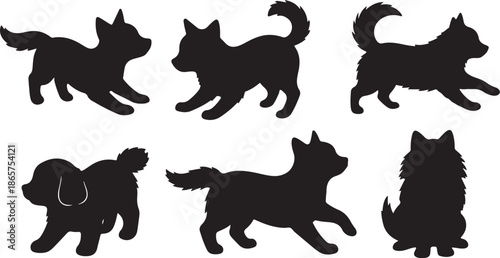Silhouettes of various dog breeds in playful poses