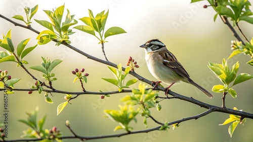 Striped sparrow bird sitting on blossoming tree branch in spring sunlight