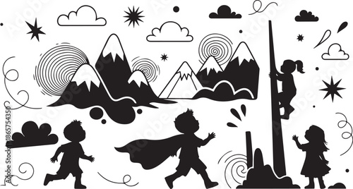 Children Playing Imaginative Outdoor Adventure Silhouette