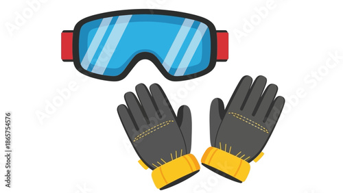Graphic illustration of essential winter gear protective blue ski goggles and warm black insulated gloves, perfect for snowy outdoor activities and cold weather
