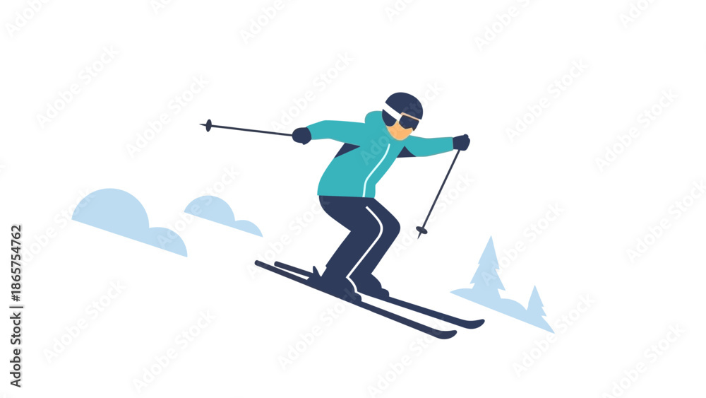 Fototapeta premium Dynamic illustration of an individual skiing down a snow-covered mountain, capturing the thrill and speed of winter sports activity with clean, modern vector graphics