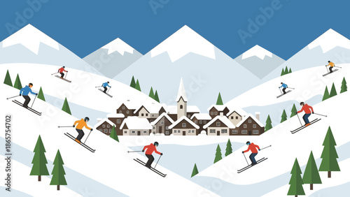 Idyllic winter ski resort illustration a charming mountain village nestled amidst majestic snow-capped peaks, with many skiers enjoying the thrilling slopes