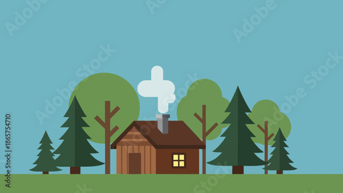 A charming flat design illustration depicting a rustic wooden cabin nestled amidst a serene forest landscape under a clear blue sky, emanating warmth and tranquility