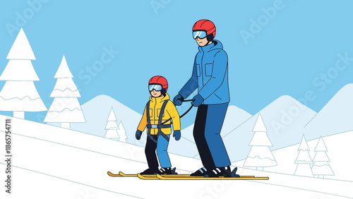 Father teaching his son to ski with a safety harness and tow rope on a snowy mountain slope