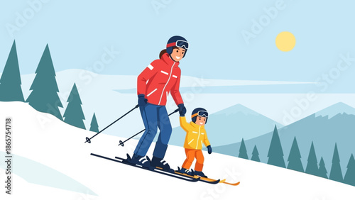 A woman is teaching a young child to ski down a snowy mountain slope, enjoying a winter day with a sunny sky in the background