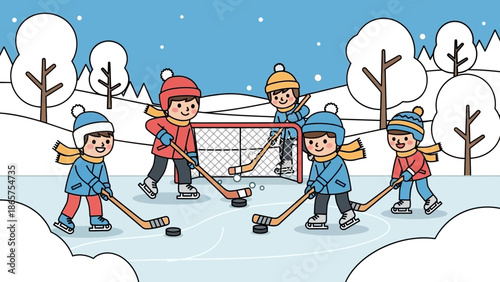Happy children actively playing ice hockey on an outdoor rink amidst a delightful snowy winter landscape, illustrating wholesome childhood sports and seasonal outdoor fun