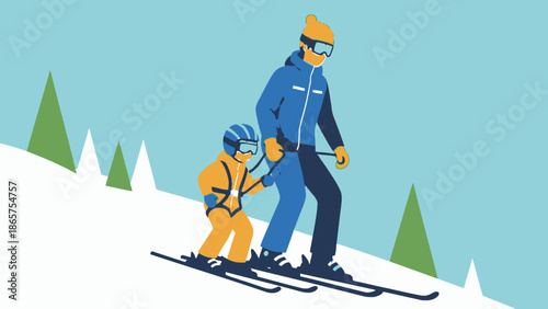 An adult patiently guides a child learning to ski down a snowy mountain slope, a vibrant illustration of winter sports education, family fun, and outdoor recreation
