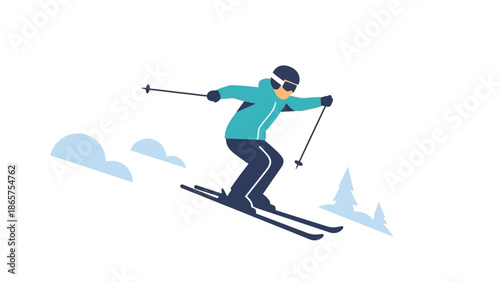 Dynamic illustration of an individual skiing down a snow-covered mountain, capturing the thrill and speed of winter sports activity with clean, modern vector graphics