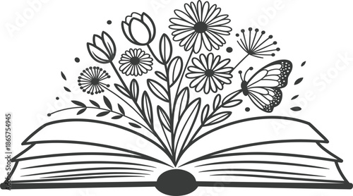 Open book with blooming wild flowers and butterfly for education literature growth or nature reading vector