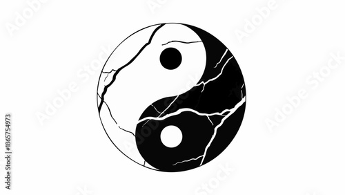 Symbol of balance and harmony fractured with cracks, representing conflict and disruption.