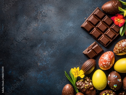 Colorful Easter Eggs and Chocolate Arrangement on Dark Background