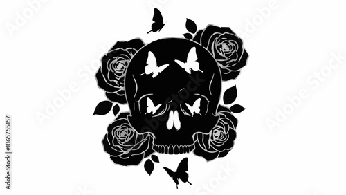 Mysterious black skull surrounded by elegant roses and fluttering butterflies