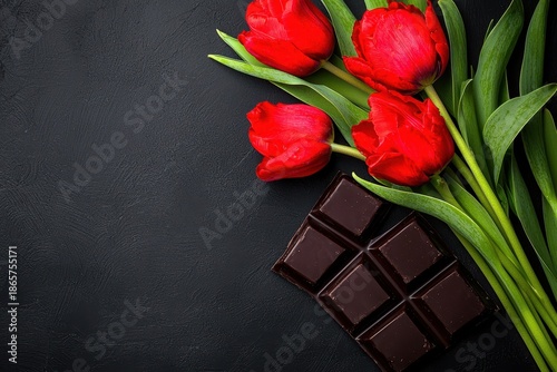 Red Tulips and Dark Chocolate on a Black Background Arrangement