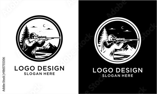 Hunter aiming rifle in a mountainous outdoor landscape.