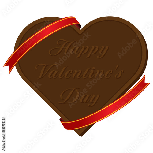 赤いリボンをかけた立体文字が入ったハート型チョコレートのイラスト素材