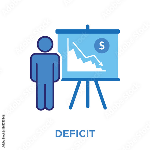 Person presenting financial deficit graph in simple flat design with blue color scheme on whiteboard for business presentation