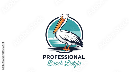 A majestic pelican stands proudly on a beach with a serene ocean backdrop.