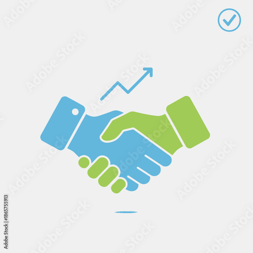 Business handshake with upward trending graph and checkmark icon, partnership success concept
