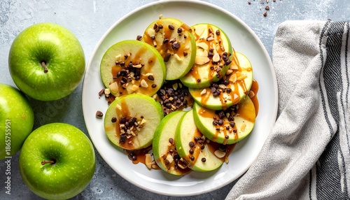 Green Apple Slices with Caramel and Nuts - A Delicious and Healthy Snack.