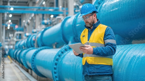 A worker in blue and yellow gear inspects machinery with a tablet in an industrial facility