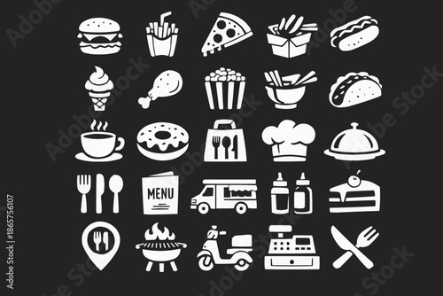 A collection of simple monochrome food icons neatly arranged on a white background