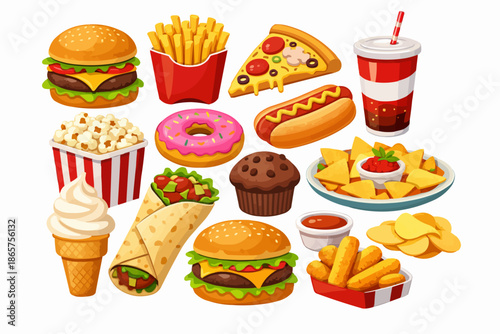 A colorful and vibrant arrangement of various fast food items