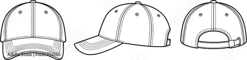 Baseball cap technical sketch, classic adjustable hat design, front side back view, curved visor, embroidered eyelets, fashion accessory illustration