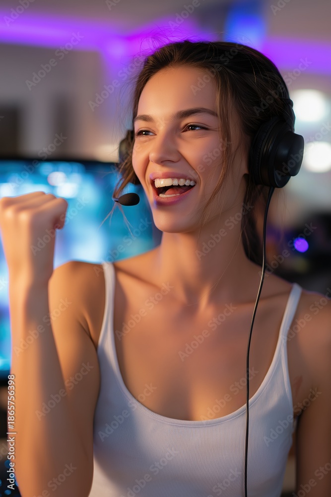 Naklejka premium Young caucasian female gamer celebrating victory in gaming setup with headset