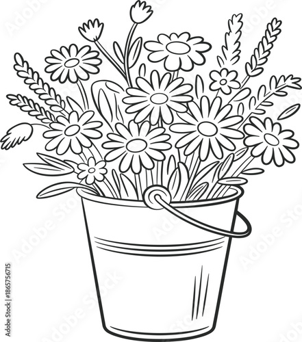 Beautiful blooming wild flowers and daisies in a rustic metal bucket for spring garden decor vector