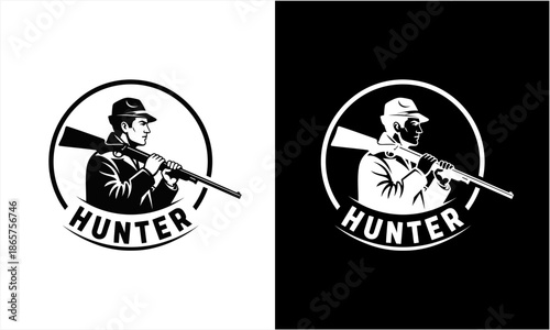 Hunter with Rifle Logo Design in Black and White.