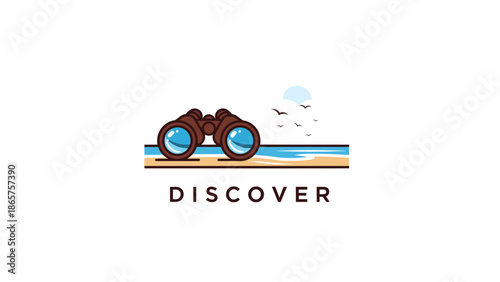 Binoculars on a beach with the word Discover below.