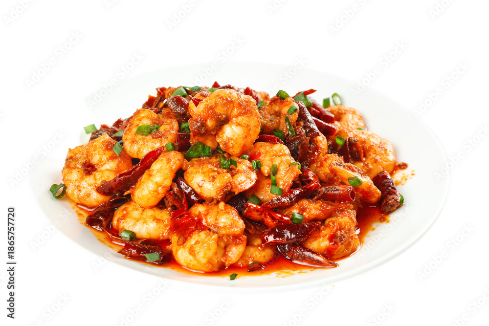Naklejka premium Spicy Cooked Shrimp with Chilies and Green Onions