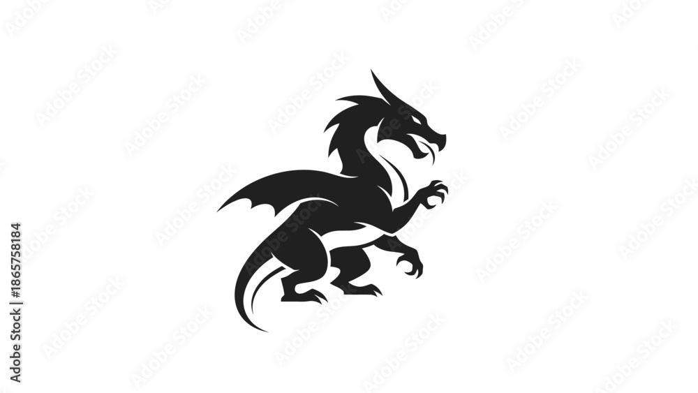 Naklejka premium Black Silhouette of a Fierce Dragon with Wings Spread.