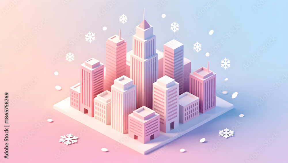 Fototapeta premium Winter snowflakes falling over candy colored papercut city landscape