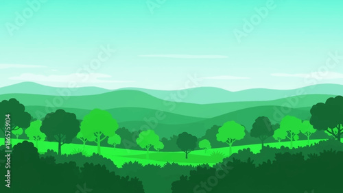 Serene landscape with rolling hills and lush green trees.
