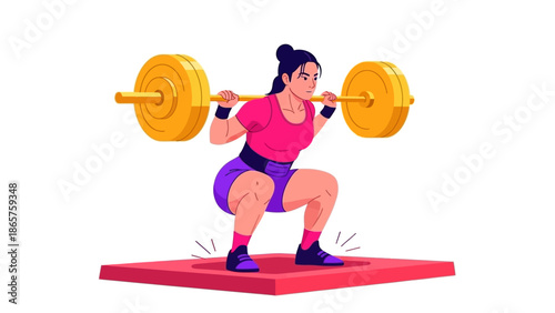 Woman lifting heavy barbell weights in a squat position on a red platform.