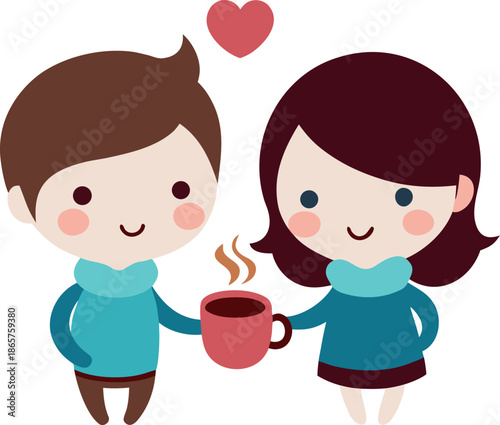 Cute cartoon couple sharing a warm beverage together under a floating heart representing their deep affection and romantic relationship moment in a simple, endearing illustration style.