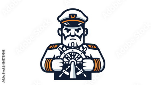 Captain Steering Ship Wheel Nautical Emblem.