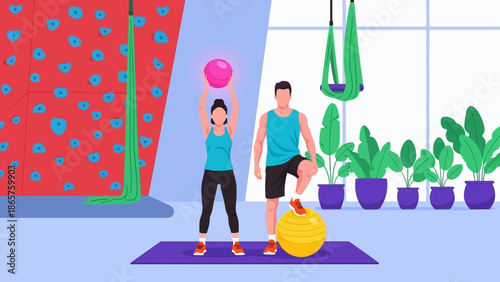 Couple Exercising Together at Home with Fitness Equipment.