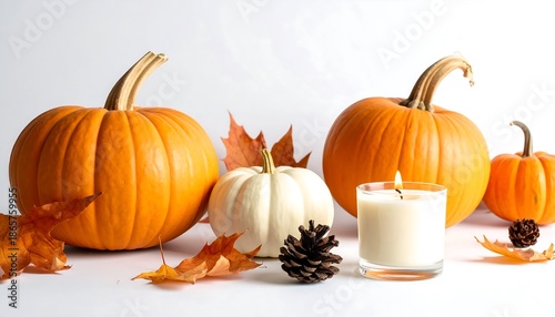 Autumnal Still Life with Pumpkins, Candle, and Pine Cone.