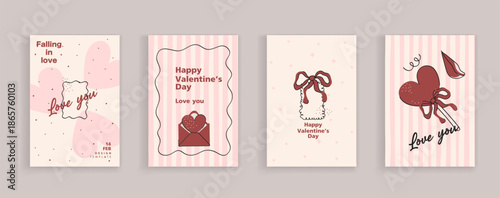Set of Valentine's Day coquette greeting cards for Valentine's Day. Hand drawn whimsical frames with elegant bows and ribbons. template for poster, banner, wedding invitation, birthday card, branding.