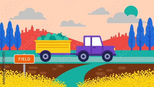 Purple tractor driving on a rural road with a yellow trailer full of green crops.