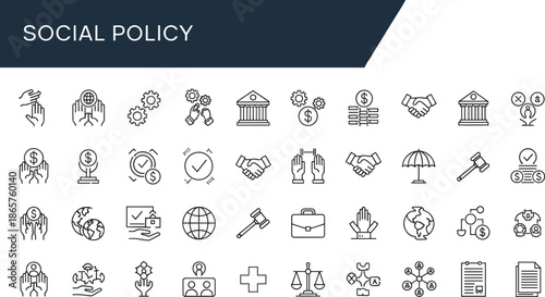 Social policy icons, government welfare support, finance justice equality, line vector set