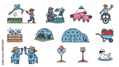 Collection of Cartoon Farming and Gardening Icons and Symbols.