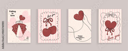 Set of Valentine's Day coquette greeting cards for Valentine's Day. Hand drawn whimsical frames with elegant bows and ribbons. template for poster, banner, wedding invitation, birthday card, branding.