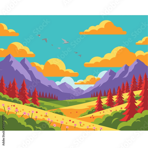 Vibrant Mountain Landscape with Rolling Hills and Trees.