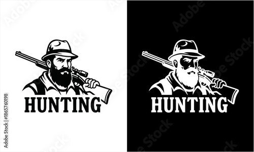 Bearded Hunter with Rifle Logo Design for Hunting Enthusiasts.